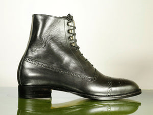 Handmade Men's Black Leather Cap Toe Brogue Lace Up Boots, Men Ankle Boots, Men Designer Boots - theleathersouq