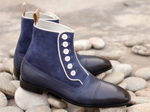 Handmade Men's Navy Blue Leather Suede Cap Toe Button Boots, Men Ankle Boots, Men Designer Boots - theleathersouq