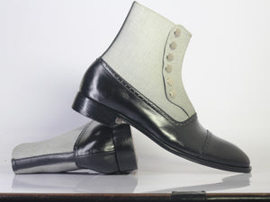 Handmade Men's Black White Leather Denim Cap Toe Button Boots, Men Ankle Boots, Men Designer Boots - theleathersouq