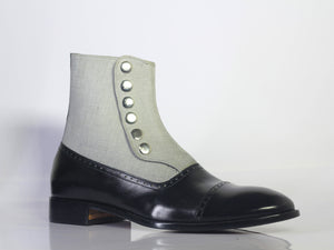 Handmade Men's Black White Leather Denim Cap Toe Button Boots, Men Ankle Boots, Men Designer Boots - theleathersouq