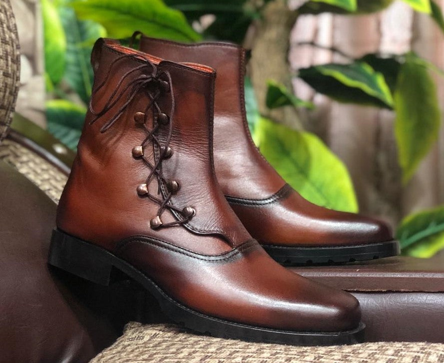 Handmade Men's Brown Leather Fashion Lace Up Boots, Men Ankle Boots, Men Designer Boots - theleathersouq