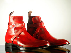 Handmade Men's Red Leather Jodhpurs Buckle Boots, Men Ankle Boots, Men Designer Boots - theleathersouq