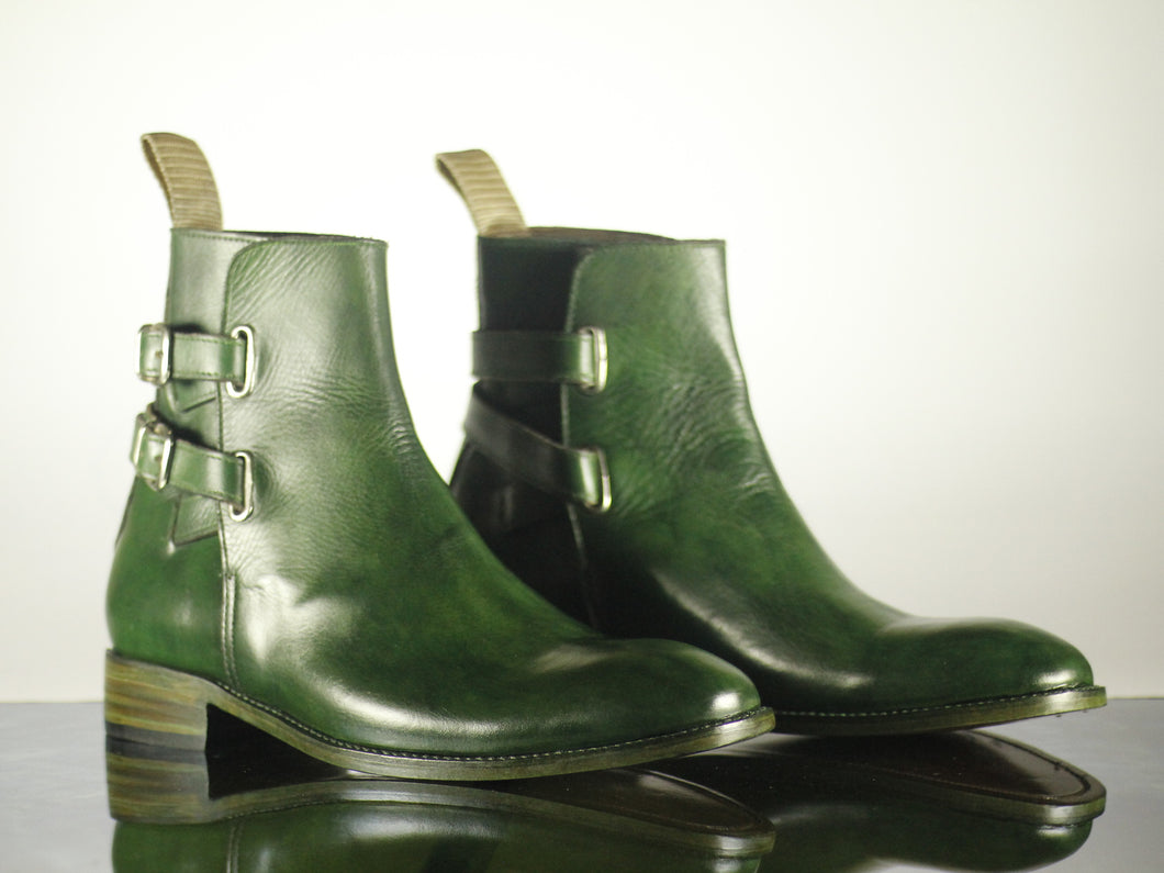 Handmade Men's Green Leather Jodhpurs Double Monk Strap Boots, Men Ankle Boots, Men Designer Boots - theleathersouq