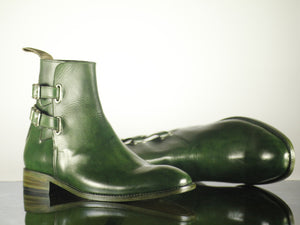 Handmade Men's Green Leather Jodhpurs Double Monk Strap Boots, Men Ankle Boots, Men Designer Boots - theleathersouq