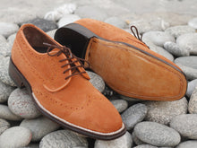 Load image into Gallery viewer, Handmade Men&#39;s Orange Color Suede Wing Tip Lace Up Shoes, Men Designer Dress Formal Luxury Shoes - theleathersouq
