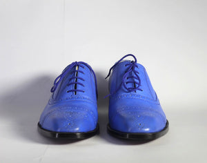 Awesome Handmade Men's Blue Leather Cap Toe Brogue Lace Up Shoes, Men Designer Dress Formal Luxury Shoes - theleathersouq