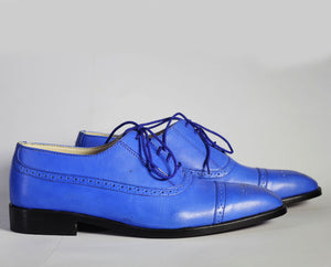 Awesome Handmade Men's Blue Leather Cap Toe Brogue Lace Up Shoes, Men Designer Dress Formal Luxury Shoes - theleathersouq