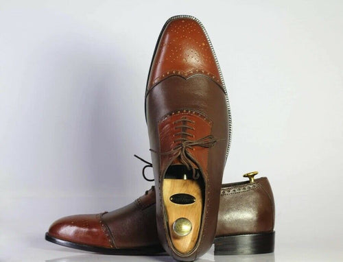 New Handmade Men's Two Tone Brown Leather Cap Toe Brogue Lace Up Shoes, Men Designer Dress Formal Luxury Shoes - theleathersouq