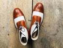 Men's Handmade Tan & White Boots, Men's Lace Up Wing Tip Brogue Leather Boots - theleathersouq