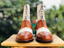 Load image into Gallery viewer, Men&#39;s Handmade Tan &amp; White Boots, Men&#39;s Lace Up Wing Tip Brogue Leather Boots - theleathersouq