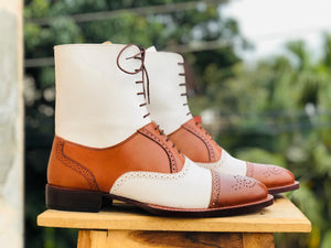 Men's Handmade Tan & White Boots, Men's Lace Up Wing Tip Brogue Leather Boots - theleathersouq