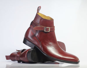 Handmade Men's Burgundy Leather Jodhpur Buckle Boots, Men Ankle Boots, Men Designer Boots - theleathersouq