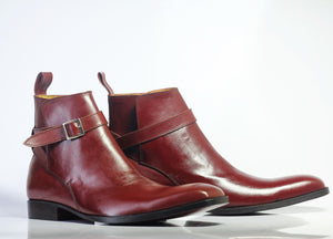 Handmade Men's Burgundy Leather Jodhpur Buckle Boots, Men Ankle Boots, Men Designer Boots - theleathersouq