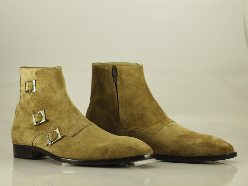 Handmade Men's Beige Suede Triple Monk Strap & Side Zipper Boots, Men Ankle Boots, Men Designer Boots - theleathersouq