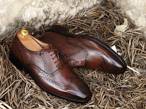 Handmade Men's Brown Color Leather Wing Tip Brogue Lace Up Shoes, Men Designer Dress Formal Luxury Shoes - theleathersouq