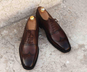 Handmade Men's Brown Color Leather Wing Tip Brogue Lace Up Shoes, Men Designer Dress Formal Luxury Shoes - theleathersouq