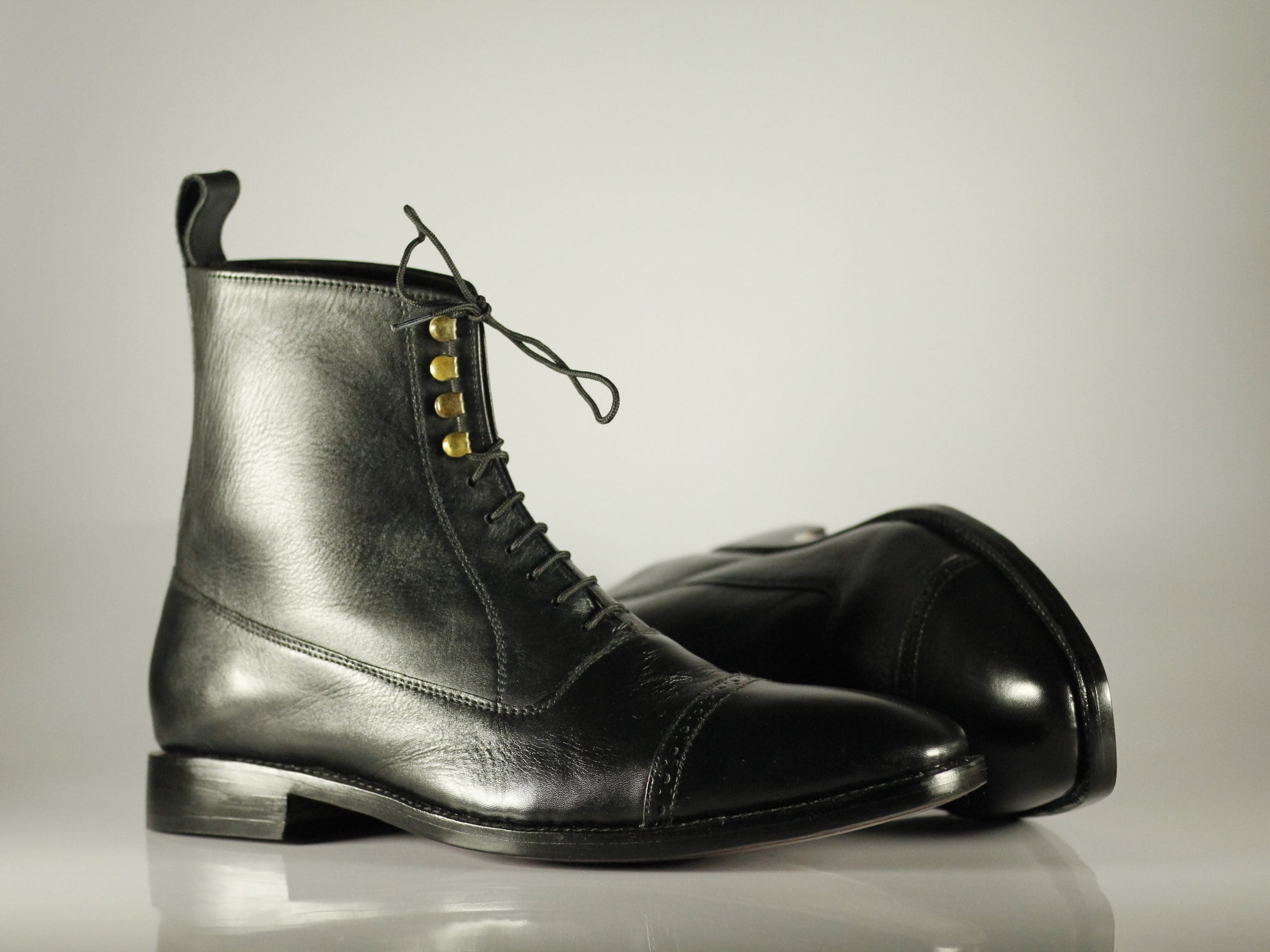 Handmade Men's Ankle High Cap Toe Leather Dress boots, Men Black