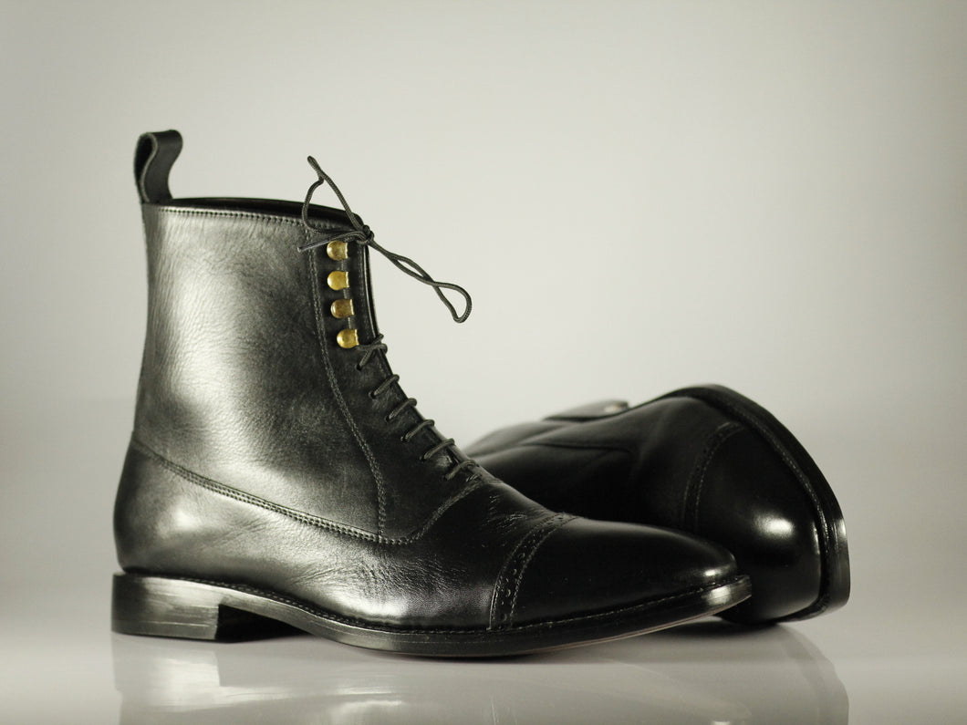 Handmade Men's Black Leather Cap Toe Lace Up Boots, Men Ankle Boots, Men Designer Boots - theleathersouq