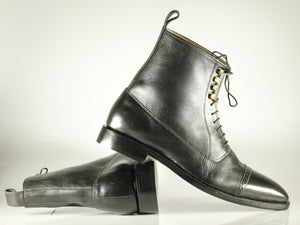 Handmade Men's Black Leather Cap Toe Lace Up Boots, Men Ankle Boots, Men Designer Boots - theleathersouq