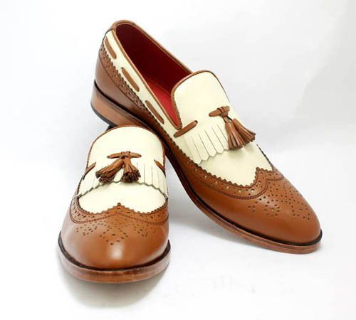 Handmade Men's Brown White Leather Wing Tip Brogue Fringes Tassel Loafers, Men Designer Dress Shoes - theleathersouq