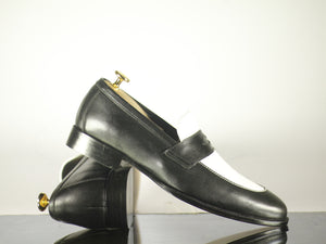 New Men's Handmade Black White Leather Penny Tassel Loafers, Men Designer Dress Luxury Shoes - theleathersouq