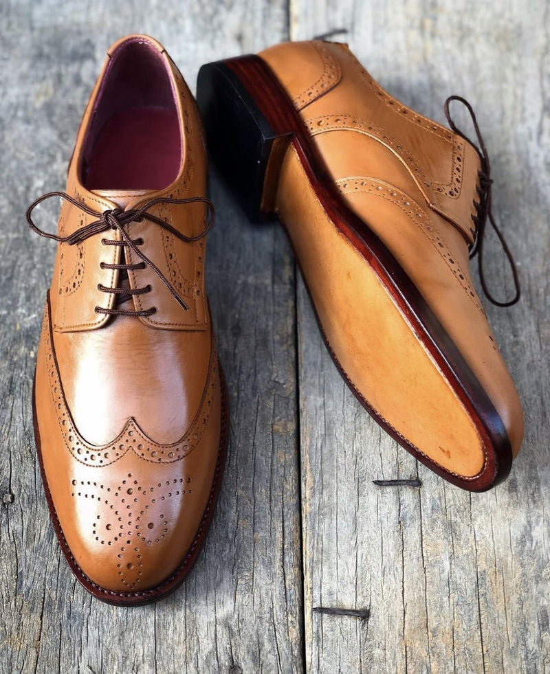 Handmade Men's Tan Color Leather Wing Tip Brogue Lace Up Shoes, Men Designer Dress Formal Luxury Shoes - theleathersouq