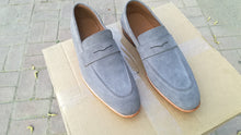 Load image into Gallery viewer, Handmade Men&#39;s Gray Suede Penny Loafers, Men Designer Dress Luxury Shoes - theleathersouq