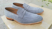 Load image into Gallery viewer, Handmade Men&#39;s Gray Suede Penny Loafers, Men Designer Dress Luxury Shoes - theleathersouq