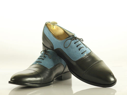 Handmade Men's Black Blue Leather Suede Cap Toe Lace Up Shoes, Men Designer Dress Formal Luxury Shoes - theleathersouq