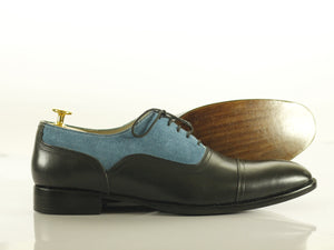 Handmade Men's Black Blue Leather Suede Cap Toe Lace Up Shoes, Men Designer Dress Formal Luxury Shoes - theleathersouq