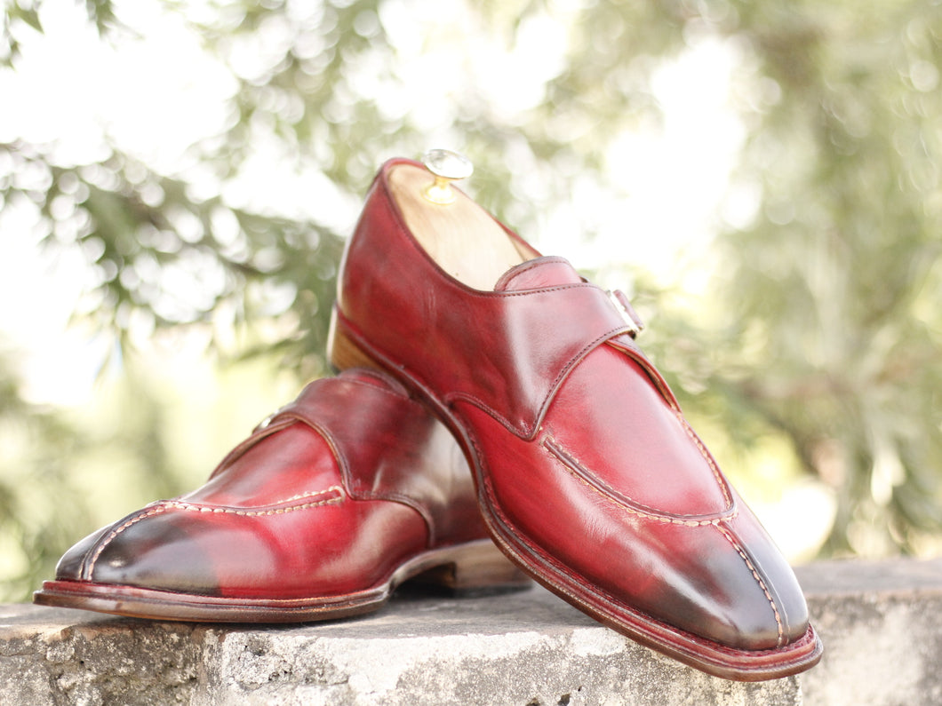 Handmade Men's Burgundy Split Toe Leather Monk Strap Shoes, Men Designer Dress Formal Luxury Shoes - theleathersouq