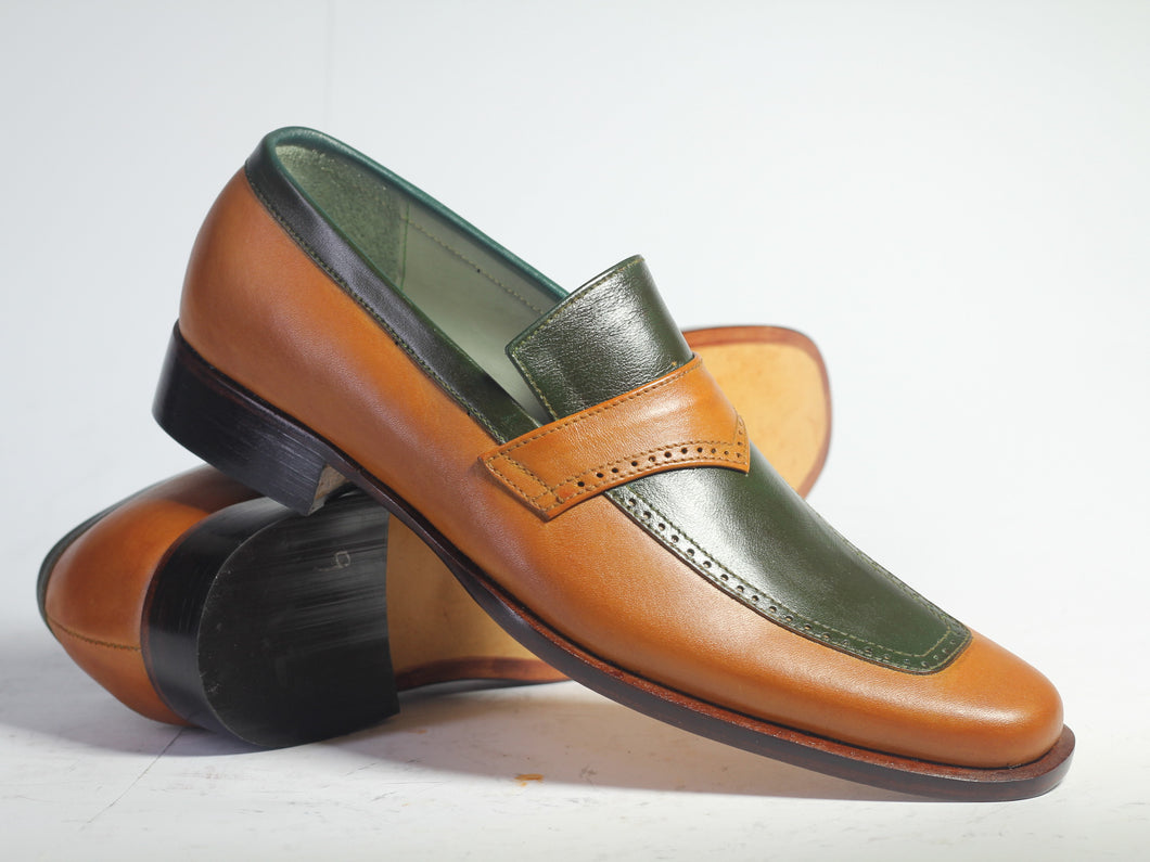 Handmade Men's Green Tan Leather Penny Loafers, Men Designer Dress Luxury Shoes - theleathersouq