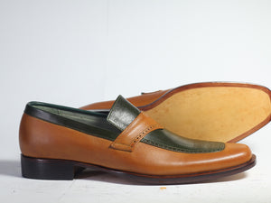 Handmade Men's Green Tan Leather Penny Loafers, Men Designer Dress Luxury Shoes - theleathersouq