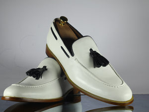 Handmade Men's White Color Leather Tassel Loafers, Men Designer Dress Formal Luxury Shoes - theleathersouq