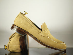 Handmade Men's Beige Split Toe Suede Penny Loafers, Men Designer Dress Luxury Shoes - theleathersouq
