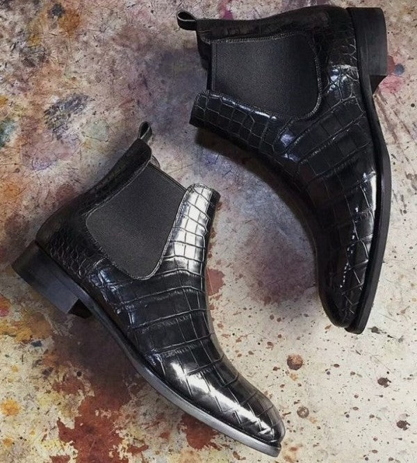Men's Handmade Black Color Alligator Textured Leather Chelsea Boots, Men Ankle Boots, Men Designer Boots - theleathersouq