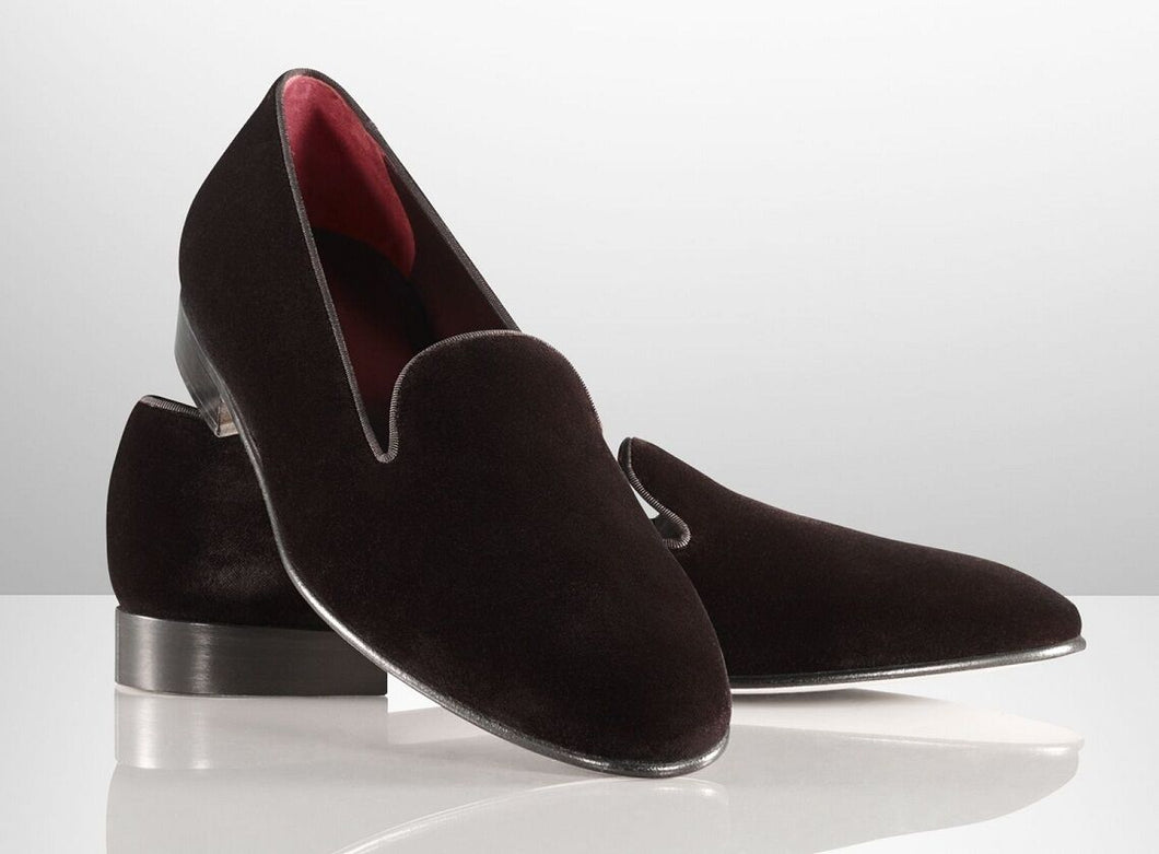 Elegant Handmade Men's Dark Brown Velvet Loafers, Men Designer Dress Luxury Shoes - theleathersouq