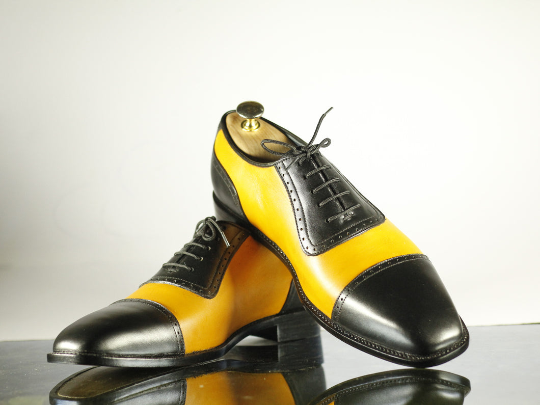 Handmade Men's Black Yellow Leather Cap Toe Lace Up Shoes, Men Designer Dress Formal Luxury Shoes - theleathersouq