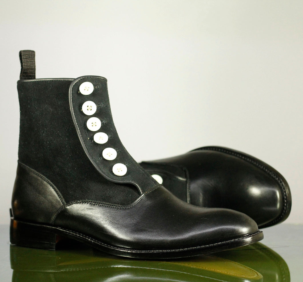 Handmade Men's Black Leather Suede Button Boots, Men Ankle Boots, Men Designer Boots