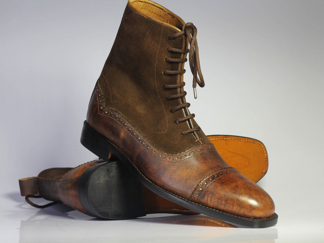 Handmade Men's Brown Leather Suede Cap Toe Lace Up Boots, Men Ankle Boots, Men Designer Boots