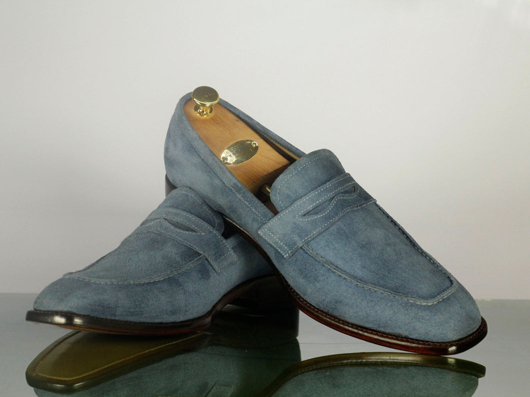 Handmade Men's Gray Suede Penny Loafers, Men Designer Dress Luxury Shoes