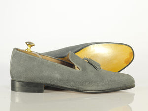Handmade Men's Gray Suede Tassel Loafers, Men Designer Dress Luxury Shoes