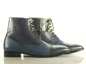 Handmade Men's Two Tone Blue Leather Cap Toe Lace Up & Side Zipper Boots, Men Ankle Boots, Men Designer Boots