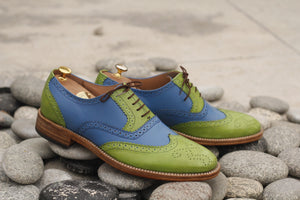 Handmade Men's Green Blue Leather Wing Tip Brogue Lace Up Shoes, Men Designer Dress Formal Luxury Shoes