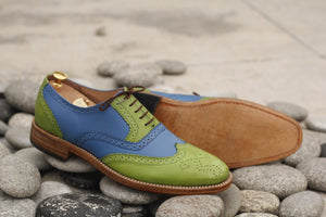 Handmade Men's Green Blue Leather Wing Tip Brogue Lace Up Shoes, Men Designer Dress Formal Luxury Shoes