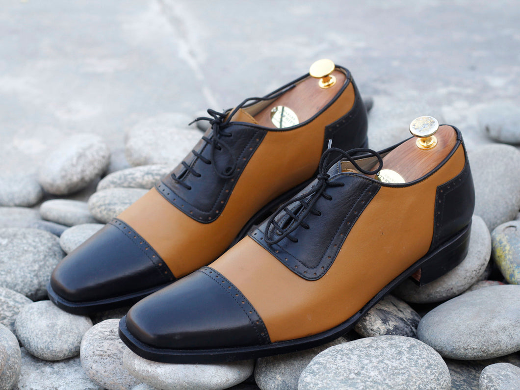 Handmade Men's Two Tone Tan Black Leather Cap Toe Lace Up Shoes, Men Designer Dress Formal Luxury Shoes
