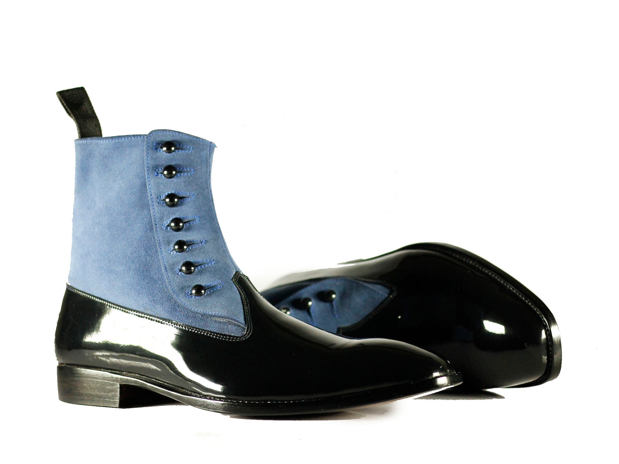 væv blæk vejkryds Handmade Men's Black Patent Leather Blue Suede Button Boots, Men Ankle –  theleathersouq