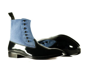 Handmade Men's Black Patent Leather Blue Suede Button Boots, Men Ankle Boots, Men Designer Boots