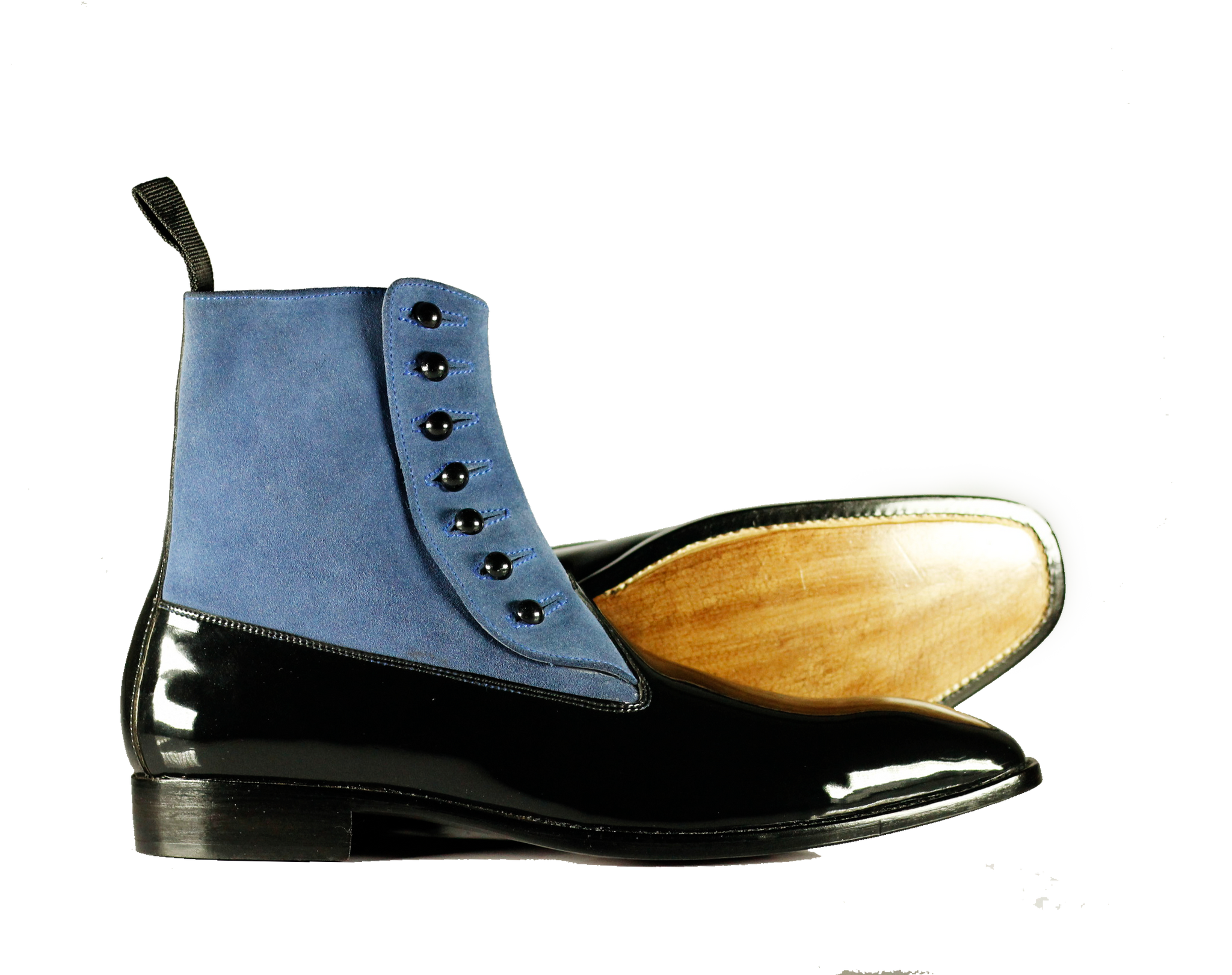 Handmade Men's Black Patent Leather Blue Suede Button Boots, Men