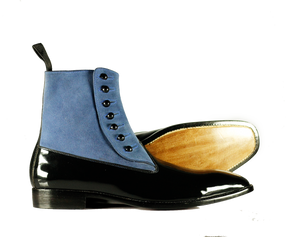 Handmade Men's Black Patent Leather Blue Suede Button Boots, Men Ankle Boots, Men Designer Boots